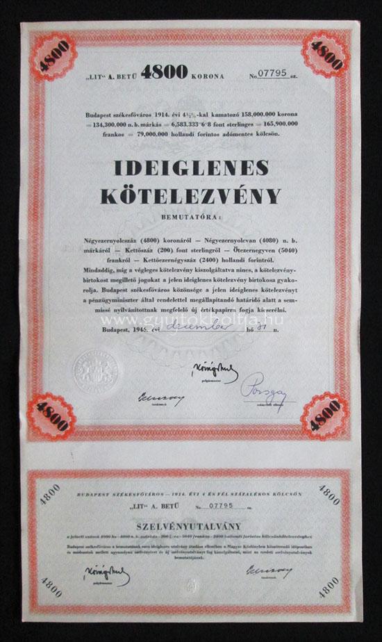 Budapest klcsn ideiglenes ktelezvny 4800 korona 1946